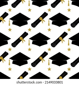 Graduation hat and diploma seamless pattern. Grad ceremony backdrop. Vector template for fabric, textile, wallpaper, wrapping paper, etc. 