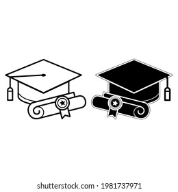 Graduation hat and diploma . Graduation university or college black cap vector illustration isolated on blank background editable and changeable color.