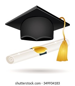 Graduation hat with diploma. Vector  icon.