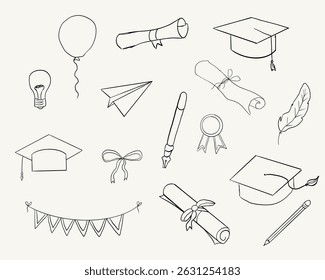 Graduation hat doodle line. University Cap of graduate and certificate degree hand drawn outline. Graduation hats sketch 