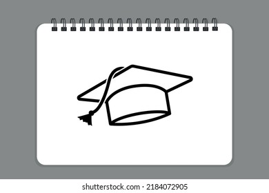 Graduation Hat Drawn On A Spiral Bound Notebook Page, Simple Black Line Image, Vector Illustration