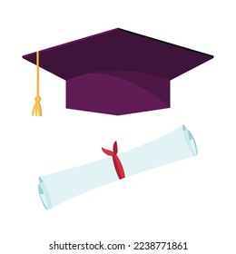 Desvío del sombrero de graduación y diploma de educación. Icono del vector aislado en fondo blanco.