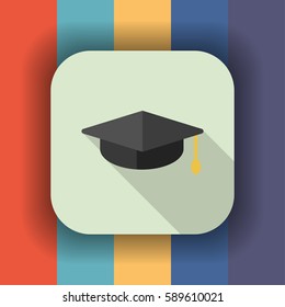 graduation hat flat icon with long shadow, vector illustration