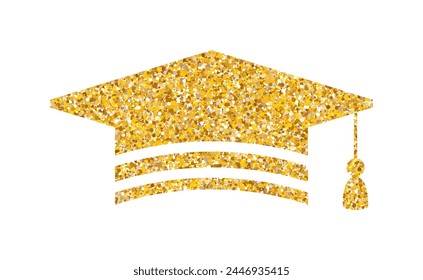 Graduation hat glitter logo. Graduate cap flat sparkling luxury gold sticker. College, high school or university emblem. Degree ceremony vector illustration EPS 10.