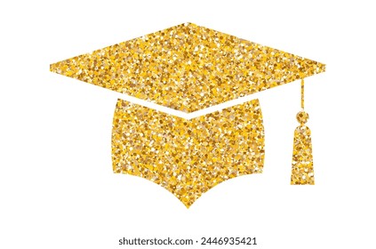 Graduation hat glitter logo. Graduate cap flat sparkling luxury gold sticker. College, high school or university emblem. Degree ceremony vector illustration EPS 10.