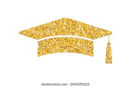 Graduation hat glitter logo. Graduate cap flat sparkling luxury gold sticker. College, high school or university emblem. Degree ceremony vector illustration EPS 10.