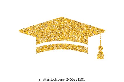 Graduation hat glitter logo. Graduate cap flat sparkling luxury gold sticker. College, high school or university emblem. Degree ceremony vector illustration EPS 10.