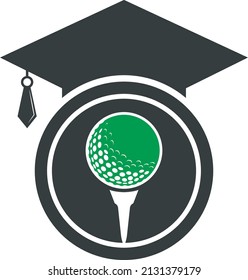 Diseño del logotipo de sombrero de graduación y bola de golf. Elemento de diseño del logotipo de la escuela de golf. Icono del vector de logotipo de la Academia de Golf.	