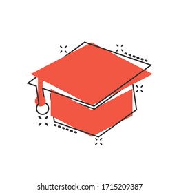 Graduation hat icon in comic style. Student cap cartoon vector illustration on white isolated background. University splash effect business concept.