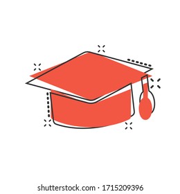 Graduation hat icon in comic style. Student cap cartoon vector illustration on white isolated background. University splash effect business concept.