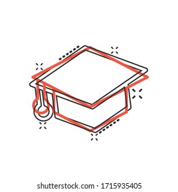 Graduation hat icon in comic style. Student cap cartoon vector illustration on white isolated background. University splash effect business concept.