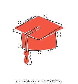 Graduation hat icon in comic style. Student cap cartoon vector illustration on white isolated background. University splash effect business concept.