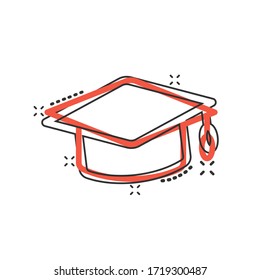 Graduation hat icon in comic style. Student cap cartoon vector illustration on white isolated background. University splash effect business concept.