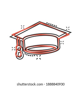 Graduation hat icon in comic style. Student cap cartoon vector illustration on white isolated background. University splash effect business concept.