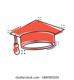 Graduation hat icon in comic style. Student cap cartoon vector illustration on white isolated background. University splash effect business concept.