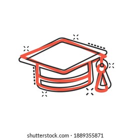 Graduation hat icon in comic style. Student cap cartoon vector illustration on white isolated background. University splash effect business concept.
