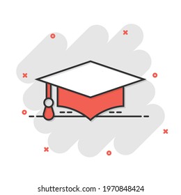 Graduation hat icon in comic style. Student cap cartoon vector illustration on white isolated background. University splash effect business concept.