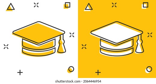 Graduation hat icon in comic style. Student cap cartoon vector illustration on white isolated background. University splash effect business concept.