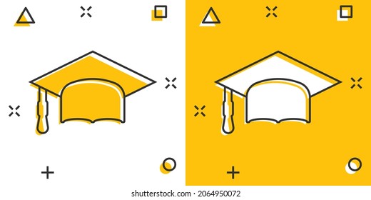 Graduation hat icon in comic style. Student cap cartoon vector illustration on white isolated background. University splash effect business concept.