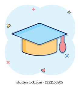 Graduation hat icon in comic style. Student cap cartoon vector illustration on white isolated background. University splash effect business concept.
