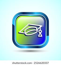 Graduation Hat Icon Design Illustration, Academic Cap Icon For Apps and Websites, Glossy Square Button Design