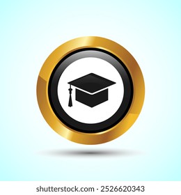 Graduation Hat Icon Design Illustration, Academic Cap Icon For Apps and Websites, Gold Color Round Button Design