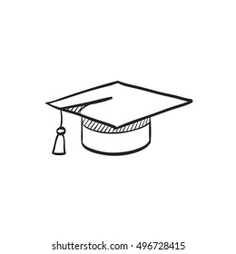 Graduation Hat Icon In Doodle Sketch Lines. Education College Student Success Diploma