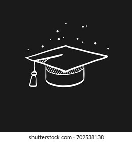 Graduation Hat Icon In Doodle Sketch Lines. Education College Student Success Diploma