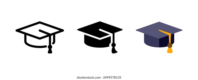 Icono de sombrero de graduación. símbolo de la tapa de Educación. Ilustración vectorial de sombrero de estudiante. Cartel de la ceremonia de graduación de la universidad, la escuela y la universidad. Pictograma de grado académico aislado.