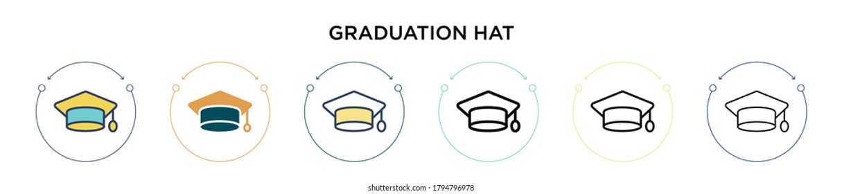 Graduation hat icon in filled, thin line, outline and stroke style. Vector illustration of two colored and black graduation hat vector icons designs can be used for mobile, ui, web