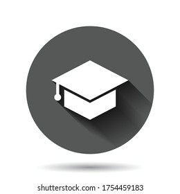 Graduation hat icon in flat style. Student cap vector illustration on black round background with long shadow effect. University circle button business concept.