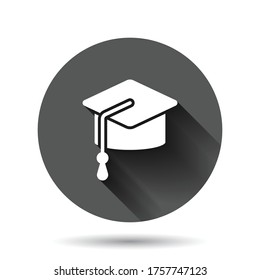 Graduation hat icon in flat style. Student cap vector illustration on black round background with long shadow effect. University circle button business concept.