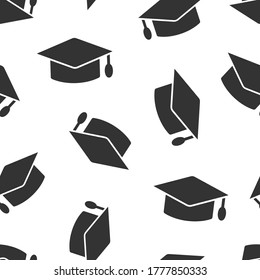 Graduation hat icon in flat style. Student cap vector illustration on white isolated background. University seamless pattern business concept.
