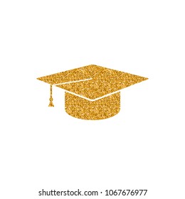 Graduation hat icon in gold glitter texture. Sparkle luxury style vector illustration.