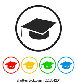 Graduation hat icon, isolated on white background. Education symbol. Color variation