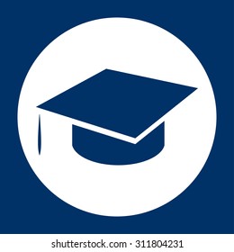 Graduation hat icon on blue background. Education symbol.