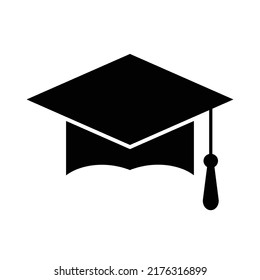 Graduation hat icon on white background, Vector illustration. Education, university and ceremony concept. Congratulations graduates design. Graduation cap sign. Student black cap silhouette.