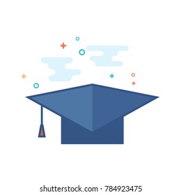 Graduation hat icon in outlined flat color style. Vector illustration.