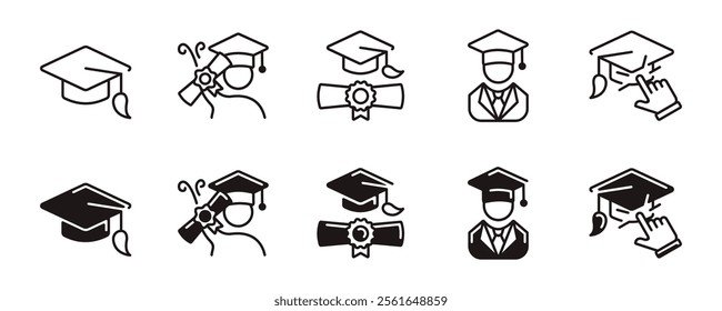 graduation hat icon set education school student graduate cap diploma achievement ceremony signs vector line illustration