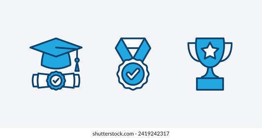 Graduation hat Icon gesetzt. Graduation oder Mortarton Cap Symbol. Akademische oder studentische Mütze und Diplom mit Zertifikat, Trophäe und Abzeichen Medaille. Vektorgrafik