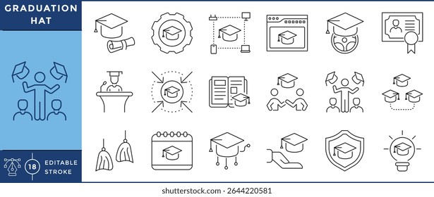 Graduation hat icons pack. 18 line icons. Vector editable stroke. Graduate, tassel, certificate, ceremony, joy, speech, education.