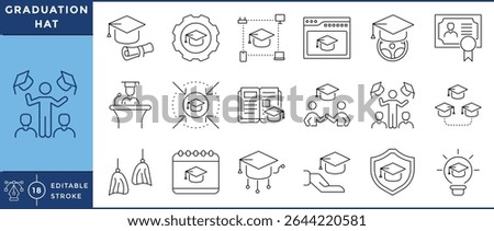 Graduation hat icons pack. 18 line icons. Vector editable stroke. Graduate, tassel, certificate, ceremony, joy, speech, education.
