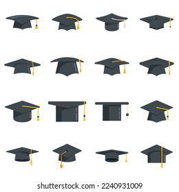 Graduation hat icons set flat vector. Academy graduation hat. Ceremony cap isolated