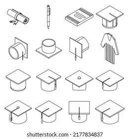 Graduation hat icons set. Isometric set of graduation hat vector icons thin line outline on white isolated