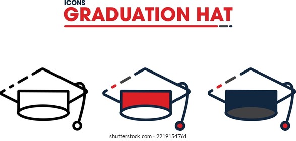 Graduation Hat Icons in three versions. Outline-filled, modern, and stylish icon. Customizable to fit any brand identity.
