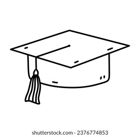 Graduation hat isolated on white background. University or college cap for degree ceremony. Vector hand-drawn illustration in doodle style. Perfect for logo, decorations, various designs.