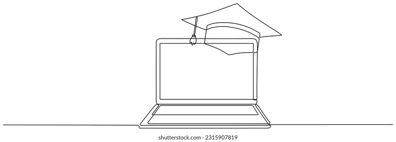 Sombrero de graduación y dibujo de línea continua para laptop. Concepto educativo lineal. Ilustración vectorial aislada en blanco. 