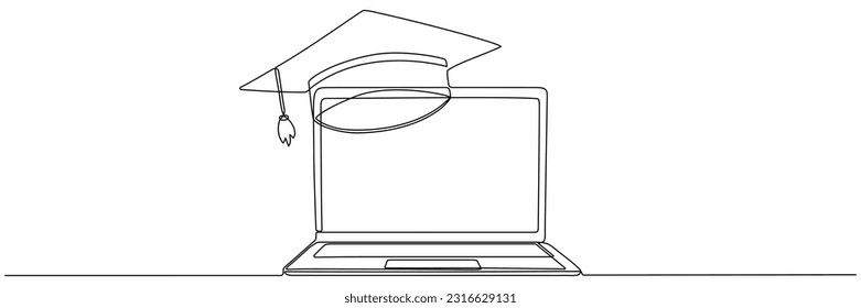 Sombrero de graduación y dibujo de línea continua para laptop. Concepto educativo lineal. Ilustración vectorial aislada en blanco. 
