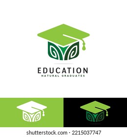 graduation hat with leaf logo design, nature education logo concept vector template