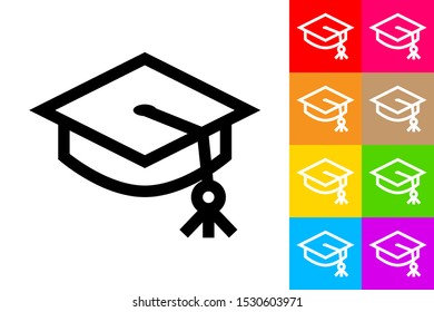 Graduation Hat. Line Icon With Different Color Background.